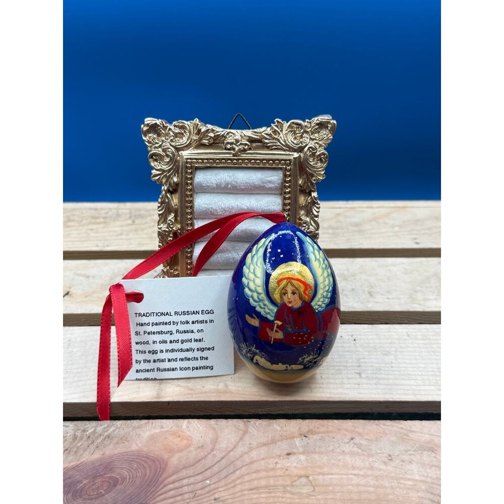 Vintage Hand Painted Russian Wooden Icon Egg Ornament - St. Petersburg - Signed